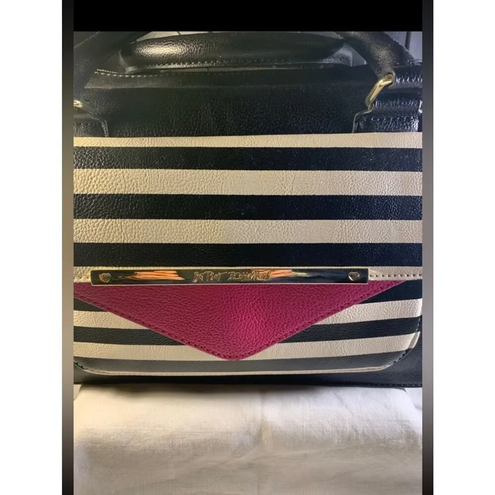 Betsey Johnson Dead stock  Black & White Striped Satchel with Pink Accent
